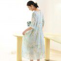 Summer New Ramie Print Dress Women's Waist Waist Slim V-Neck Chinese Vintage Long Dress