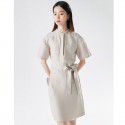 Spring New Women's Short sleeved Small and Luxury Design Feeling: Waistband Round Neck Mid length Dress