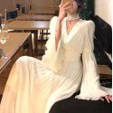 White V-neck dress for women's new early spring long sleeved tea break French haute couture dress