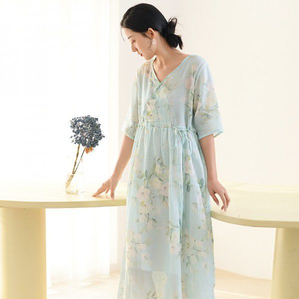 Summer New Ramie Print Dress Women's Waist Waist Slim V-Neck Chinese Vintage Long Dress