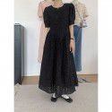 3D Embroidery Jacquard Dress Women's Summer New French Waist Round Neck Bubble Sleeve Long Dress