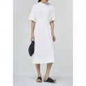 Summer New Round Neck Short Sleeve Dress Over Knee Slim Fit Temperament Wrapped Waist Lace up Large Fold Long Dress