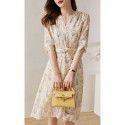 Fragmented Tea Break Skirt Women's Summer Casual Round Neck Mid length Dress Chiffon Printed A-line Dress