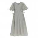 Early Spring New French Lace Up Waist Dress Women's Design Sense Small Person Bubble Sleeve Skirt
