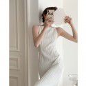 Summer French Style White Texture Pearl Strap Skirt Cut Shoulder Slim Fit Dress