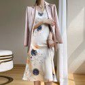 Triacetic acid satin suspender dress for women's French silk A-line texture printed high waisted summer wear 