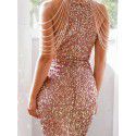 Spring/Summer New Fashion Hanging Neck Sexy Crystal Tassel Wrap Hip Sequins European and American Dress Mid Waist Evening Dress