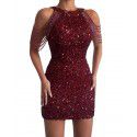 Spring/Summer New Fashion Hanging Neck Sexy Crystal Tassel Wrap Hip Sequins European and American Dress Mid Waist Evening Dress