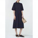 Summer New Round Neck Short Sleeve Dress Over Knee Slim Fit Temperament Wrapped Waist Lace up Large Fold Long Dress