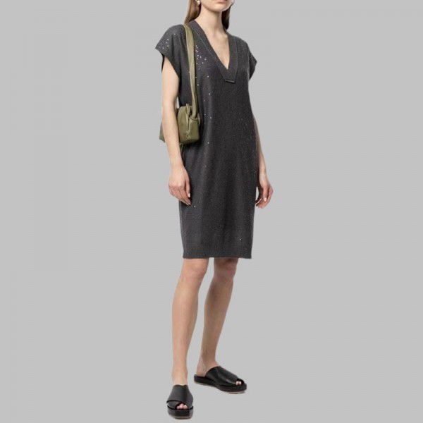 Spring Dress B Family Women's Mid length Knitwear V-neck Mid length Acetic Acid Linen Dress Women's Suspended Dress