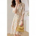 Fragmented Tea Break Skirt Women's Summer Casual Round Neck Mid length Dress Chiffon Printed A-line Dress