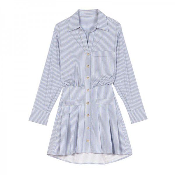 Spring/Summer New Polo Polo Polo Collar Shirt Dress Long Sleeve Waist Large Swing Cotton Stripe Dress