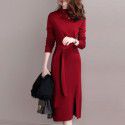 Knitted dress, New Year's gift, bright red new style sweater, medium length, high neck, waistband, slimming bottom sweater