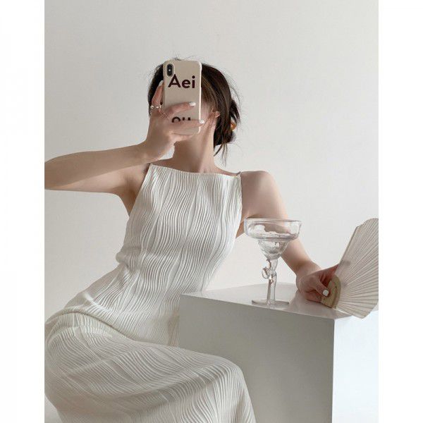 Summer French Style White Texture Pearl Strap Skirt Cut Shoulder Slim Fit Dress