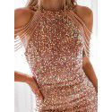 Spring/Summer New Fashion Hanging Neck Sexy Crystal Tassel Wrap Hip Sequins European and American Dress Mid Waist Evening Dress