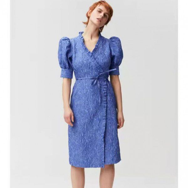 Early Spring New Ruffle Edge Abstract 3D Jacquard Wrapped Body Bubble Sleeve Women's Dress