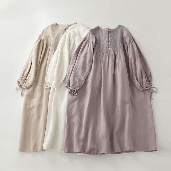 Sweet Sen loose fitting gentle style dress for women with slim embroidery, lantern sleeves, cotton and linen round neck, half open long skirt