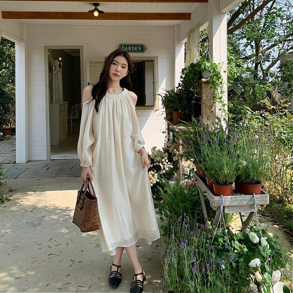 Women's New French Gentle Fashion Off Shoulder Long Hanging Neck Dress