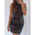 Spring/Summer New Fashion Hanging Neck Sexy Crystal Tassel Wrap Hip Sequins European and American Dress Mid Waist Evening Dress