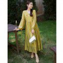 Chinese style solid color dress New Chinese style retro buckle V-neck loose and improved long cheongsam skirt