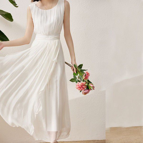 White Silk Dress Long Silkworm Silk Youth Solid Holiday Style Celebrity Fairy
