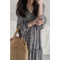 Spring New French Kikyo Fragmented Flower Long Sleeve Hepburn Wind Lotus Leaf Edge Long Dress