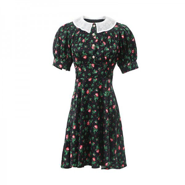 Fragmented Flower Dress New French Fashion Design Sense Doll Neck Retro Print Dress Women