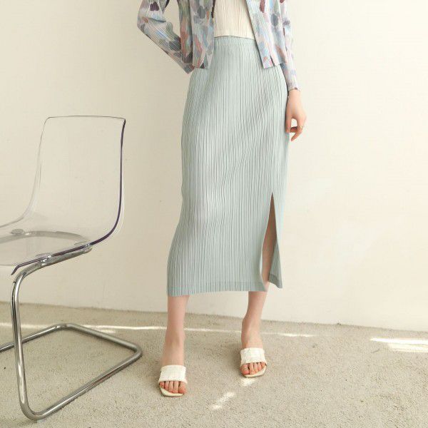 Spring/Summer Pleated Casual Fashion Versatile Temperament Commuting Front Split Half Skirt