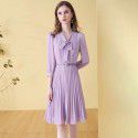 Fashionable Bubble Sleeves Chiffon Dress for Women's Spring New Style Temperament: Slim Waist, Reduced Age, 100 Pleated Mid length Dress