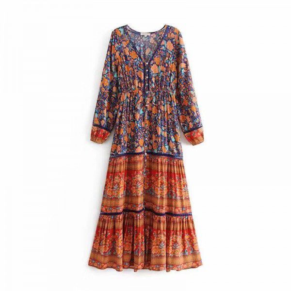 TürkiyeBohemiaprintedlongsleeveexoticstylefakedressThainationalstyledress 