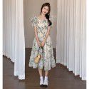 Summer New French Printed Dress Square Neck Short Sleeve Wooden Ear Edge High Waist A-line Large Swing Skirt