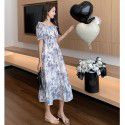 Summer New French Printed Dress Square Neck Short Sleeve Wooden Ear Edge High Waist A-line Large Swing Skirt