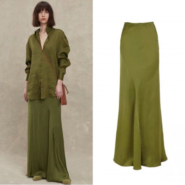 Atmosphere Beauty · Sand Wash Copper Ammonia Silk Curved Cut with Smooth Green Copper Ammonia Silk Elastic Waist Fishtail Half Skirt