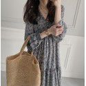 Spring New French Kikyo Fragmented Flower Long Sleeve Hepburn Wind Lotus Leaf Edge Long Dress