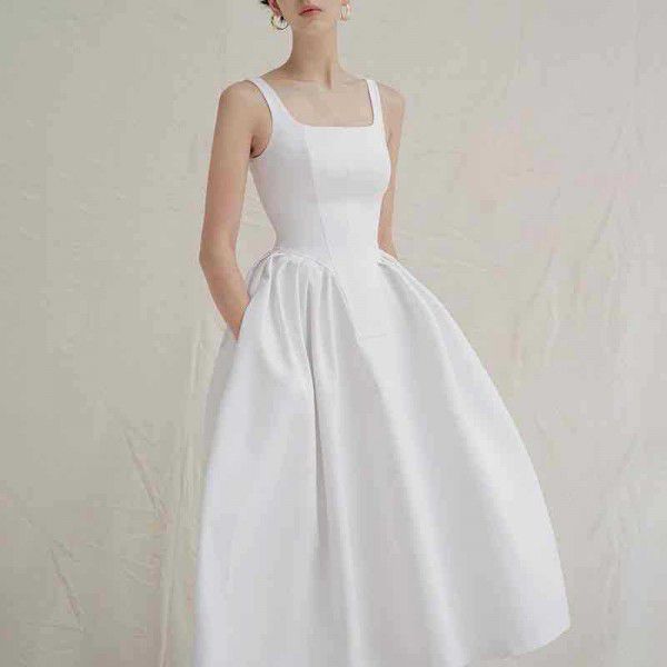 Autumn Harvest Waist Fishbone Square Neck Dress Women's High Waist Slim Puffy Dress