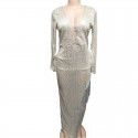 Tassel beads with waistband deep V long sleeved side slit sexy asymmetric dress for women