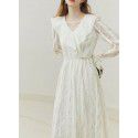 Fan Silan En Kikyo French Dress Women's Long Sleeve V-Neck Gentle Style Lace Splice Skirt Small, Fresh, and Sweet