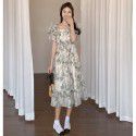 Summer New French Printed Dress Square Neck Short Sleeve Wooden Ear Edge High Waist A-line Large Swing Skirt