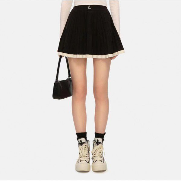 Vintage Campus Cross Flower Embroidery Knitted Pleated Skirt Spring Style Women's Dress with Contrast Color Short Skirt