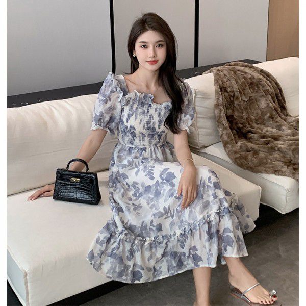 Summer New French Printed Dress Square Neck Short Sleeve Wooden Ear Edge High Waist A-line Large Swing Skirt