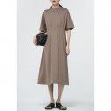 Summer New Round Neck Short Sleeve Dress Over Knee Slim Fit Temperament Wrapped Waist Lace up Large Fold Long Dress
