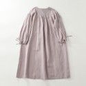 Sweet Sen loose fitting gentle style dress for women with slim embroidery, lantern sleeves, cotton and linen round neck, half open long skirt