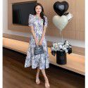 Summer New French Printed Dress Square Neck Short Sleeve Wooden Ear Edge High Waist A-line Large Swing Skirt