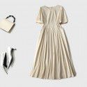 Waist tightening and slimming with bubble sleeves, Sen style women's high waisted dress, round neck, casual and gentle style dress, children