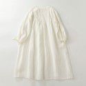 Sweet Sen loose fitting gentle style dress for women with slim embroidery, lantern sleeves, cotton and linen round neck, half open long skirt