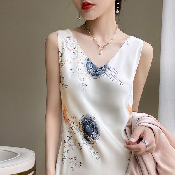 Triacetic acid satin suspender dress for women's French silk A-line texture printed high waisted summer wear 