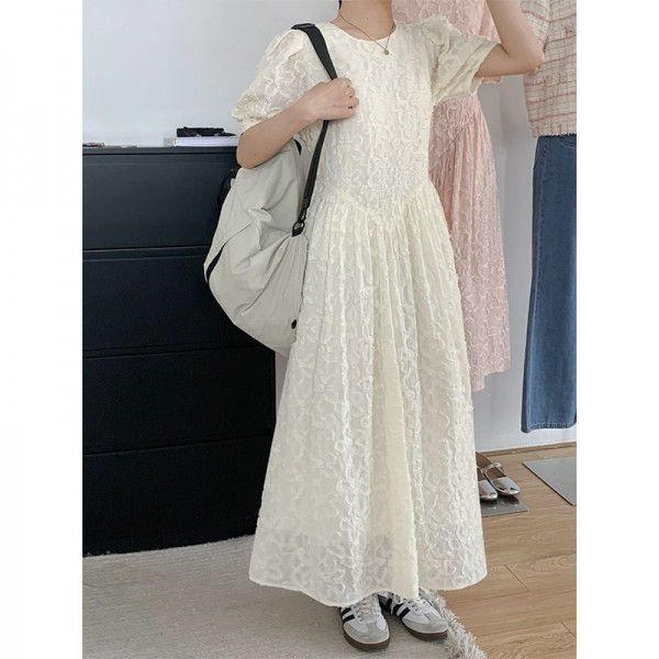 3D Embroidery Jacquard Dress Women's Summer New French Waist Round Neck Bubble Sleeve Long Dress