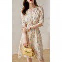 Fragmented Tea Break Skirt Women's Summer Casual Round Neck Mid length Dress Chiffon Printed A-line Dress