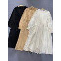 Early Autumn New Japanese Lace Stand Collar Linen Long Sleeve Sweet lace Splice Back Button Long Dress