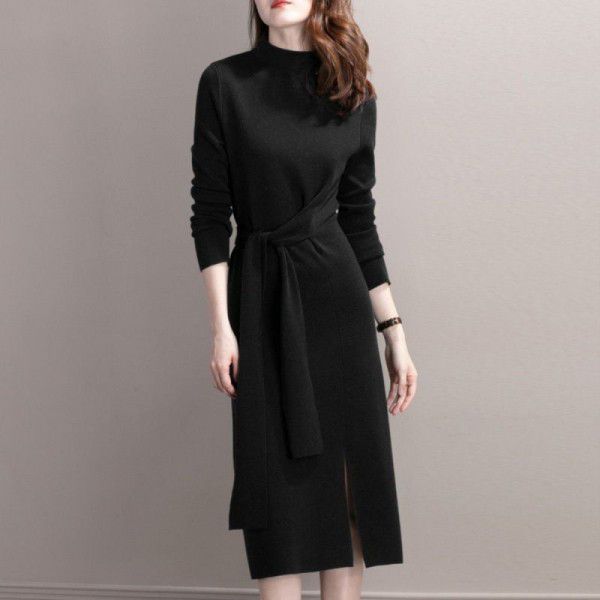 Knitted dress, New Year's gift, bright red new style sweater, medium length, high neck, waistband, slimming bottom sweater